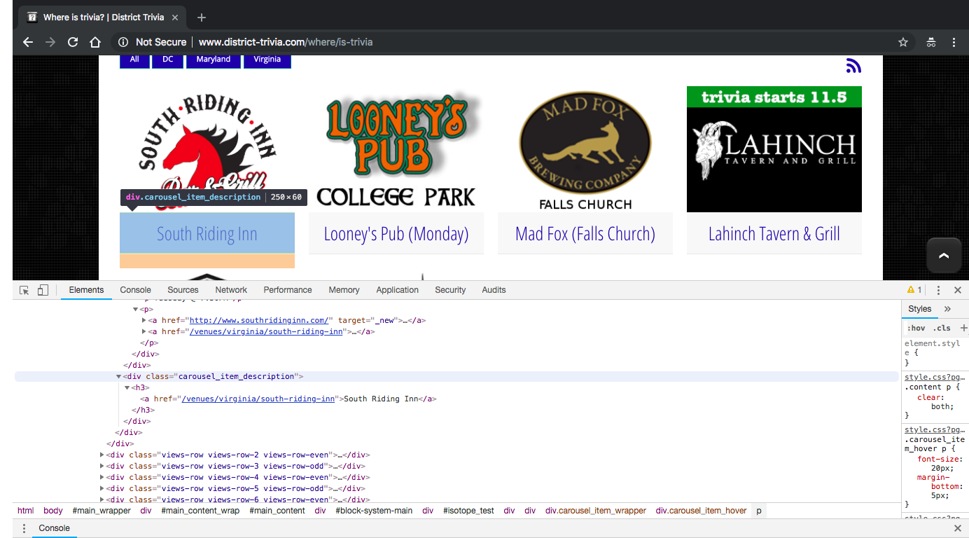 Screenshot of the District Trivia listing of locations with the Inspect Element frame